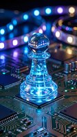 Glowing chess pawn piece on circuit board with colorful LED lights representing artificial intelligence, strategic thinking and digital technology innovation.