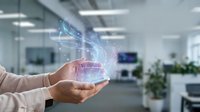 Young professional holding glowing digital hologram with data visualization in modern office environment, representing technology innovation and business solutions.