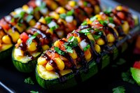 Grilled zucchini boats filled with corn, bell peppers and fresh herbs, drizzled with balsamic glaze on dark background, appetizing vegetarian meal.