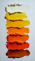 Thick paint swatches in warm gradient from white to deep red-brown, showing textured strokes on white paper for artistic color palette reference.