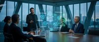 Business team meeting with digital technology interface overlay in modern office conference room with city skyline view and professional presentation.
