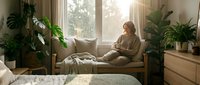 Woman in beige sweater relaxing on sofa by sunny window surrounded by potted plants, reading book in bright modern living room interior.