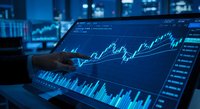 Financial analyst examining stock market data on computer screen with trading charts and graphs in modern office environment at night.