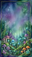 Enchanted forest floor with bioluminescent mushrooms, glowing ferns, and magical starlit sky in purple, green, and blue tones, isolated on white background for design use.