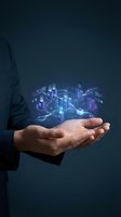 Businessman holding glowing digital hologram of interconnected server buildings and network infrastructure on dark background for cloud computing and data management concepts.