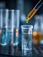 Glass dropper releasing golden liquid into test tube with clear solution creating bubbles in laboratory setting with blurred scientific equipment background.