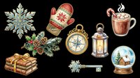 Vintage holiday collection featuring snowflakes, mittens, compass, lantern, hot cocoa, wrapped books, evergreen garland, snow globe, and decorative key isolated on transparent background. Ready for t-shirts, stickers, clipart, sublimation, and print-on-demand designs.