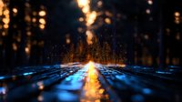 Digital city skyline emerging from glowing circuit paths with golden light particles and blue technology grid, abstract futuristic background for tech concepts.