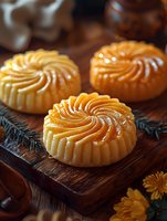 Traditional spiral mooncakes with glossy golden surface on rustic wooden board, decorated with pine branches and chrysanthemum flowers, atmospheric food photography.