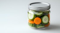 Fresh cucumber and carrot slices in glass jar with brine for fermentation and preservation on white background. Homemade pickled vegetables.