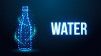 Digital water bottle with glowing blue network connections and bright water text on dark background for technology and hydration concepts.