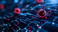 Microscopic virus cell on digital circuit background with glowing red and blue elements, representing cyber security and digital healthcare technology concept.