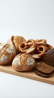 Assorted fresh baked goods including artisan bread, pretzels, and sliced rye loaf arranged on wooden board for bakery, food service, and culinary content.