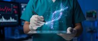 Medical professional in scrubs using digital tablet with holographic DNA double helix projection in modern laboratory for genetic research and biotechnology.