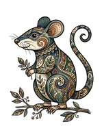Decorative mouse with ornamental patterns, holding botanical leaves on branch. Isolated artwork suitable for t-shirt design, clipart, and creative projects.
