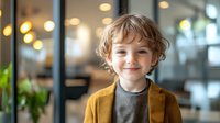 Young child with curly hair wearing mustard yellow blazer and gray sweater smiling warmly in modern interior with bokeh lights and natural daylight. For family, education, or lifestyle design.