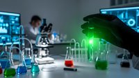 Scientist in black gloves holding glowing green test tube in modern laboratory with colorful chemical solutions and research equipment.