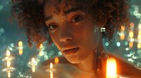 Young African American woman with curly natural hair in magical evening atmosphere with glowing candles and bokeh lights creating mystical ambiance. Soft focus portrait.