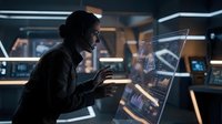 Young male professional of South Asian descent working in a modern tech environment, analyzing holographic data displays and digital interfaces on futuristic screens for software development, cybersecurity, or data analysis work.
