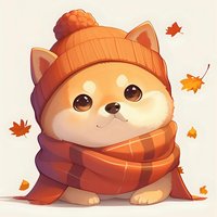 Adorable puppy wearing orange knit hat and striped scarf surrounded by falling autumn maple leaves on light background. Cozy fall season illustration.