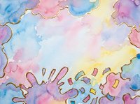 Watercolor abstract background with soft pastel colors, pink, blue, yellow, and purple washes with gold foil accents and geometric shapes, suitable for greeting cards, invitations, and design projects.