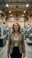 Middle-aged woman with gray hair, Caucasian ethnicity, wearing business casual attire in modern manufacturing facility with industrial machinery and equipment.