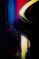 Abstract colorful light streams and particles flowing through dark space create dynamic motion effect with vibrant blue, red, and yellow streaks against black background.