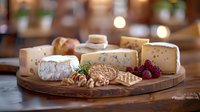 Gourmet cheese board with variety of artisanal cheeses, fresh raspberries, walnuts and crackers on rustic wooden platter. Blurred restaurant background with warm bokeh.