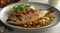 Grilled whole fish with vegetables and herbs served on elegant plate, gourmet seafood dish ready for restaurant menu or culinary presentation.