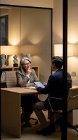Senior Asian businesswoman with gray hair and glasses smiling during a tablet presentation meeting with a male colleague in a warmly lit office.