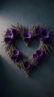 Heart-shaped wreath of dried lavender and purple anemone flowers on dark slate, romantic floral arrangement for Valentine's Day or wedding decor.