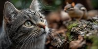 Gray tabby cat with green eyes looking up in natural forest setting with moss-covered rocks and autumn leaves creating peaceful outdoor scene.
