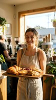 Young female barista with light brown hair, Caucasian ethnicity, smiling while holding wooden board with fresh croissants and pastries in modern cafe with plants and warm natural light.