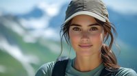 Young Caucasian woman hiker with natural makeup and baseball cap smiling at camera against mountain landscape backdrop, wearing casual outdoor attire.