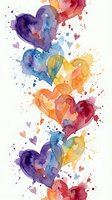 Watercolor hearts in vibrant rainbow colors with paint splatters on white background for romantic designs, Valentine's Day cards and love-themed projects.