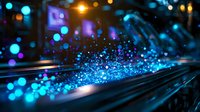 Glowing blue optical fiber network with bokeh light effects and sparkles against dark background, modern technology and communication concept.