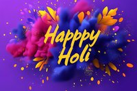 Vibrant Happy Holi greeting with colorful powder explosions, golden floral elements and yellow text on purple background, festive Indian celebration design.