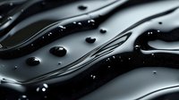 Glossy black liquid surface with water drops and smooth waves creating dynamic abstract pattern. Elegant dark background for luxury product presentation.
