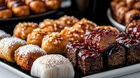 Assorted fresh pastries and desserts on white plate including chocolate brownies with ganache, powdered donuts and sesame buns in close up view.