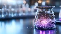 Magical glowing purple sparkles in glass jar against dark background with bokeh lights, creating mystical and enchanting atmosphere for fantasy designs.