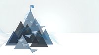 Abstract geometric mountain peak with flag on summit made of blue triangular polygons on white background for modern design projects.