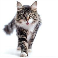 Playful Maine Coon cat with tongue out walking forward on white background, long fluffy fur and distinctive markings, isolated for design and advertising use.