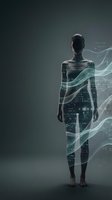 Digital human figure with data visualization and flowing code overlays representing artificial intelligence, technology innovation, and digital transformation for tech industry applications.
