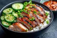 Grilled teriyaki chicken breast sliced and served with steamed rice, fresh cucumber, green onions and sesame seeds in black bowl on dark background.