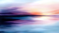 Tranquil seascape with vibrant sunset colors reflecting on calm water surface, blending purple, pink, and turquoise hues in abstract motion blur effect.