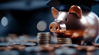 Copper metallic piggy bank with stacked coins on dark background, representing savings, investment and financial planning concept.