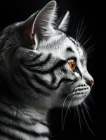Silver tabby cat profile with striking amber eyes and detailed whiskers against dark background showcasing feline beauty and grace.