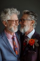 Senior Caucasian male couple in stylish suits sharing intimate moment. Grey-haired men with beards wearing glasses and floral ties, one with orange boutonniere. Dark moody background.