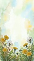 Watercolor dandelion border frame with yellow blooms and seed heads on soft pastel green and blue background with copy space.