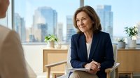 Mature woman with brown hair, Caucasian ethnicity, wearing dark blazer in modern office with city skyline view, suitable for corporate, business, and professional concepts.